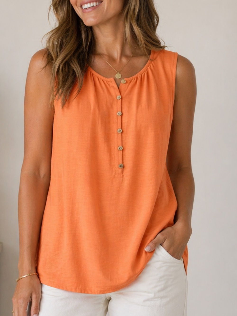 Michael Kors Orange Sleeveless Blouse Button Front Lightweight Top M Spring